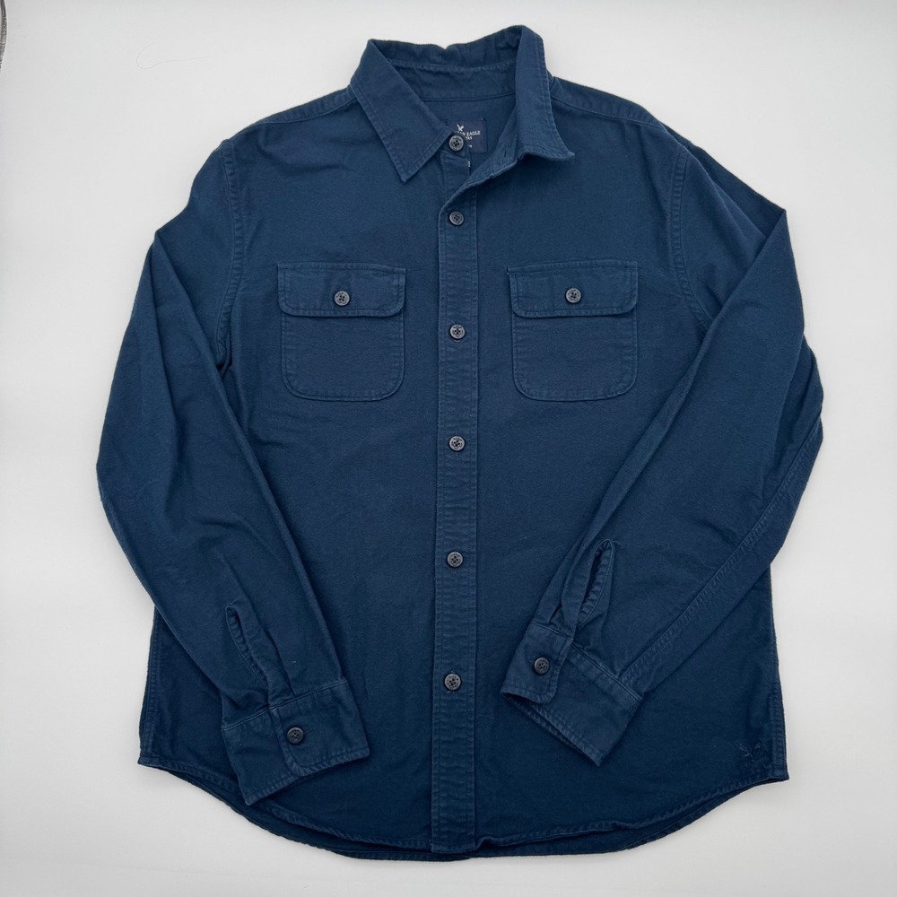 American Eagle Mens Flannel Shirt Navy Blue Long Sleeve Button Down Solid Lare